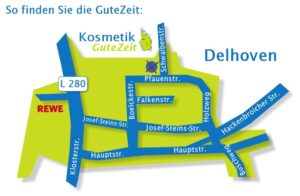 auf einer Karte dargestellt die Anfahrt und Kontakt zum Kosmetikstudio Dormagen Kosmetik GuteZeit